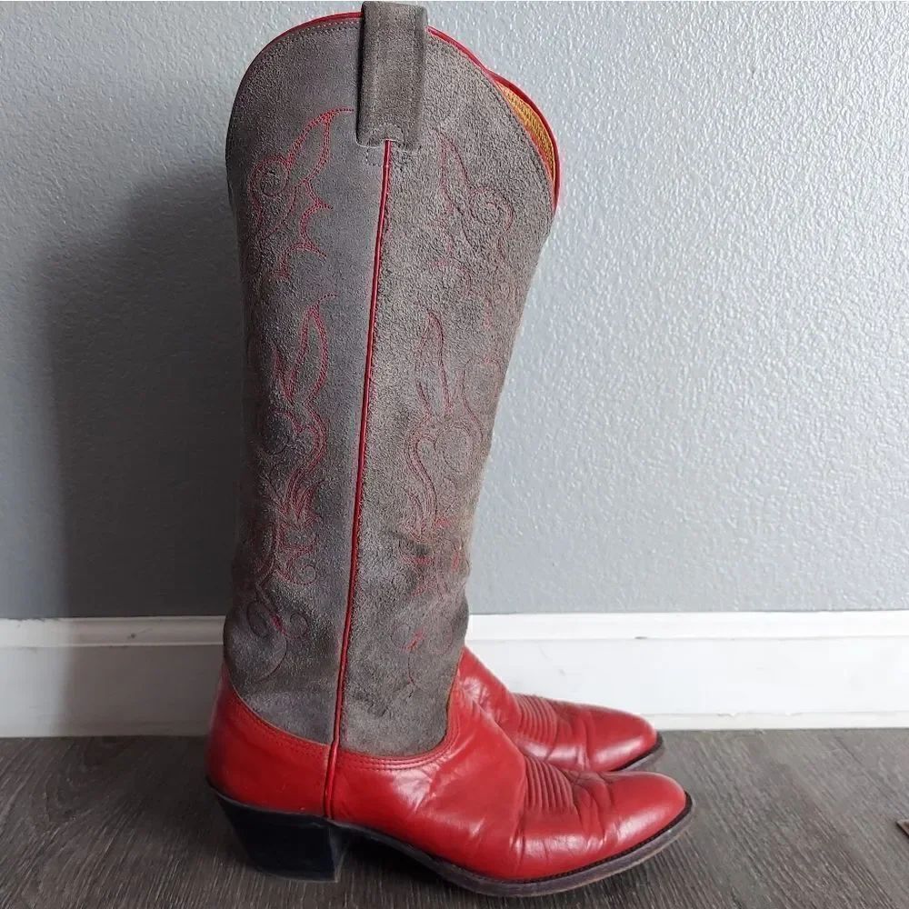 Vintage Nocona Tall Leather Round Toe Cowgirl Buckaroo Western Boots Size 7B